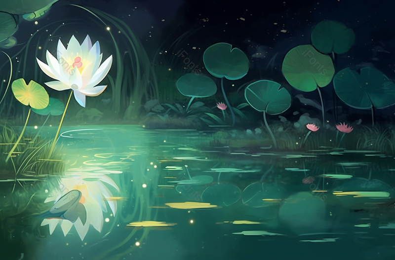 盛夏夜景荷花绽放唯美插画绿色背景,插画/手绘图,插画/手绘图库,插画/手绘图下载,插画/手绘